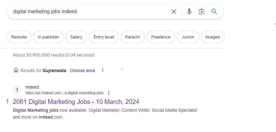 A Google search result page for ‘digital marketing jobs in Pakistan indeed’, displaying a listing that indicates there are 2,061 digital marketing job opportunities available in Pakistan as of March 10, 2024.