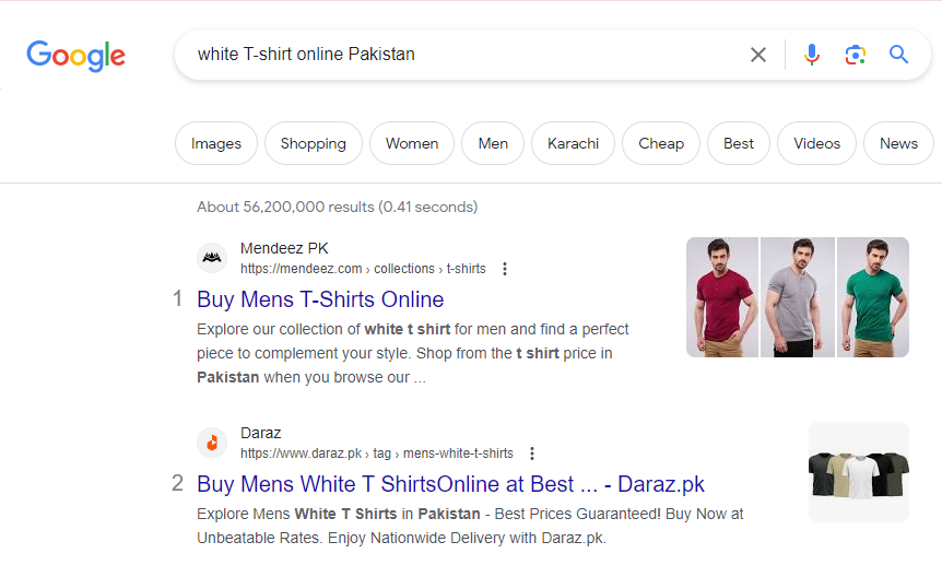 A screenshot displaying a web search for ‘white T-shirt online Pakistan’, highlighting how a search engine presents results. The top two results are shown.