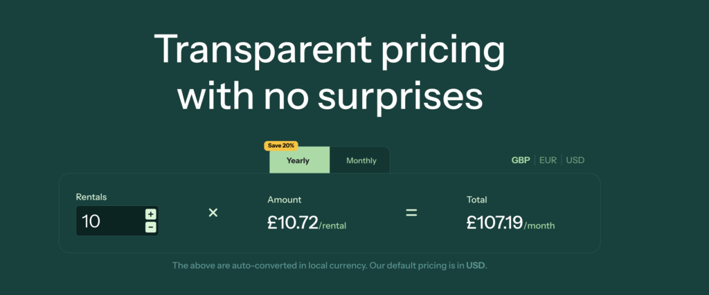 AdvanceCM pricing page showing interactive rentals calculator with yearly and monthly toggle.