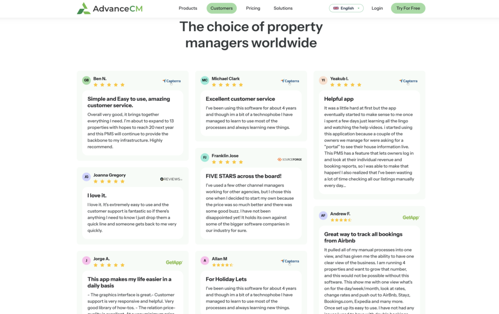 AdvanceCM customers page showing grid of 5-star reviews from property managers worldwide.