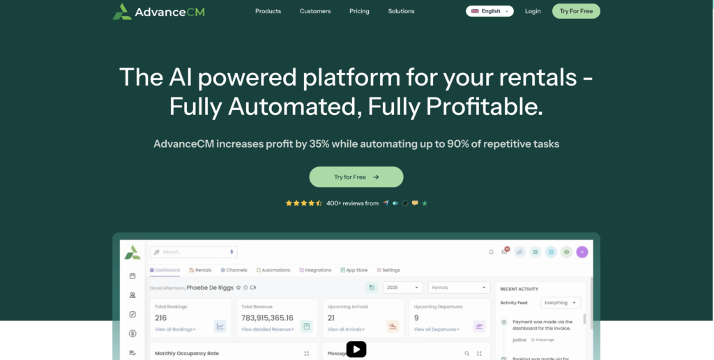 AdvanceCM homepage hero showing AI powered rental management platform with headline, Try for Free button and dashboard preview.