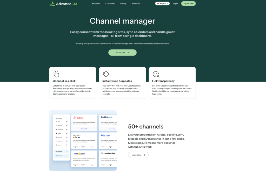 AdvanceCM Channel Manager page showing hero message, three benefit cards and a screenshot of the multi-channel dashboard.