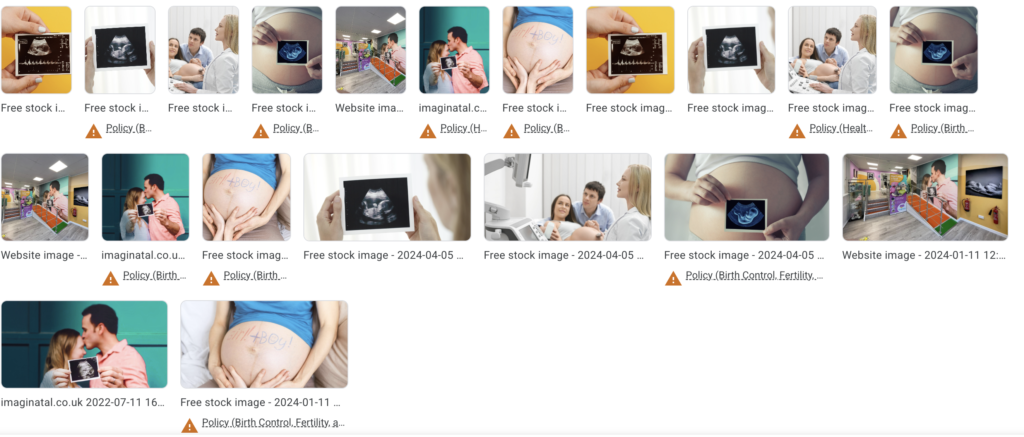 Screenshot of old Google Ads image assets showing mostly generic stock pregnancy and ultrasound images, with only a few real brand or clinic images included.